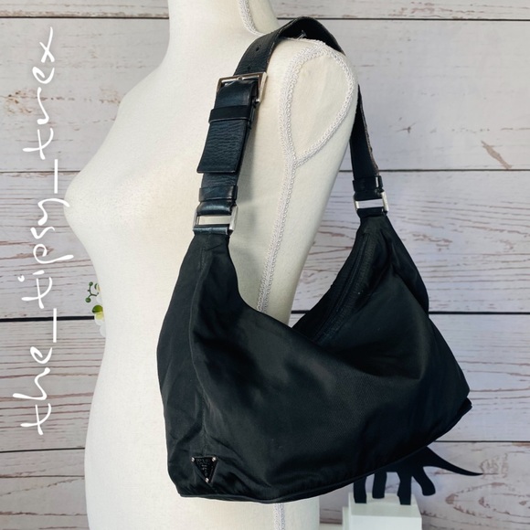 Prada Handbags - Prada Black Tessuto Nylon and Leather Hobo Shoulder Bag